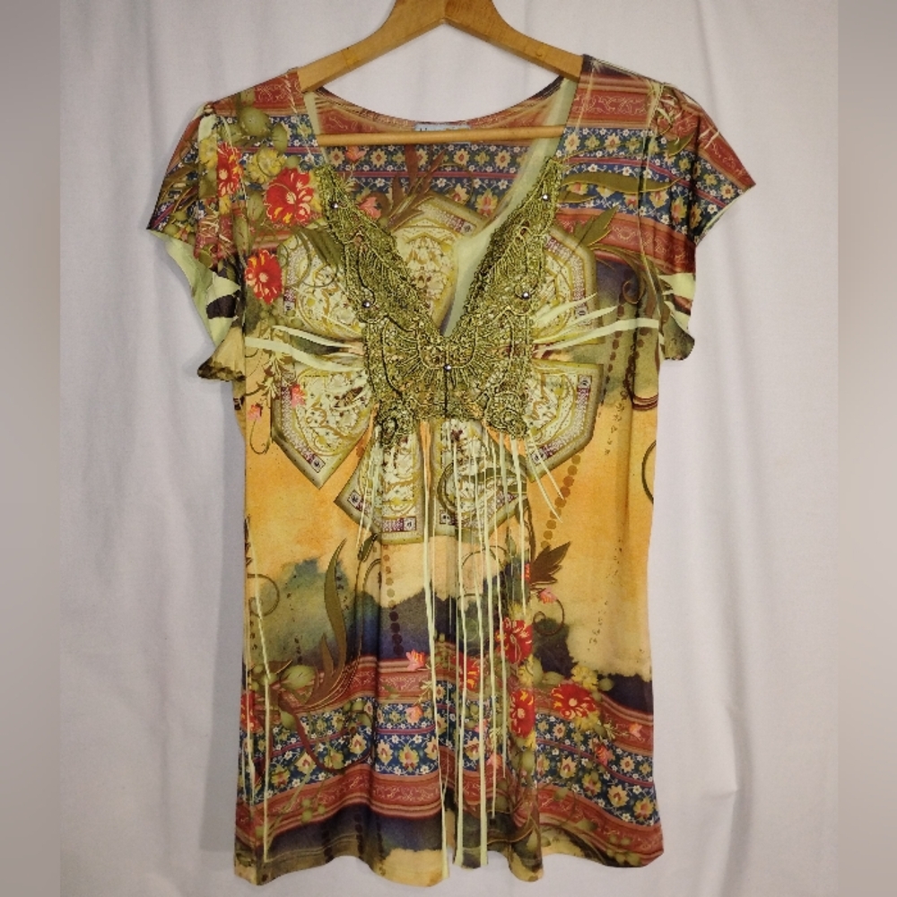 Unity World Wear Graphic Orange And Olive Green Cap Sleeve Blouse